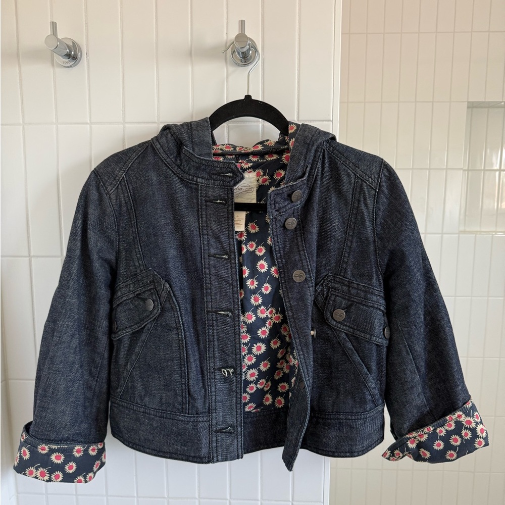 Anthropologie Cidra Dark Denim Hooded Jacket with Floral Lining